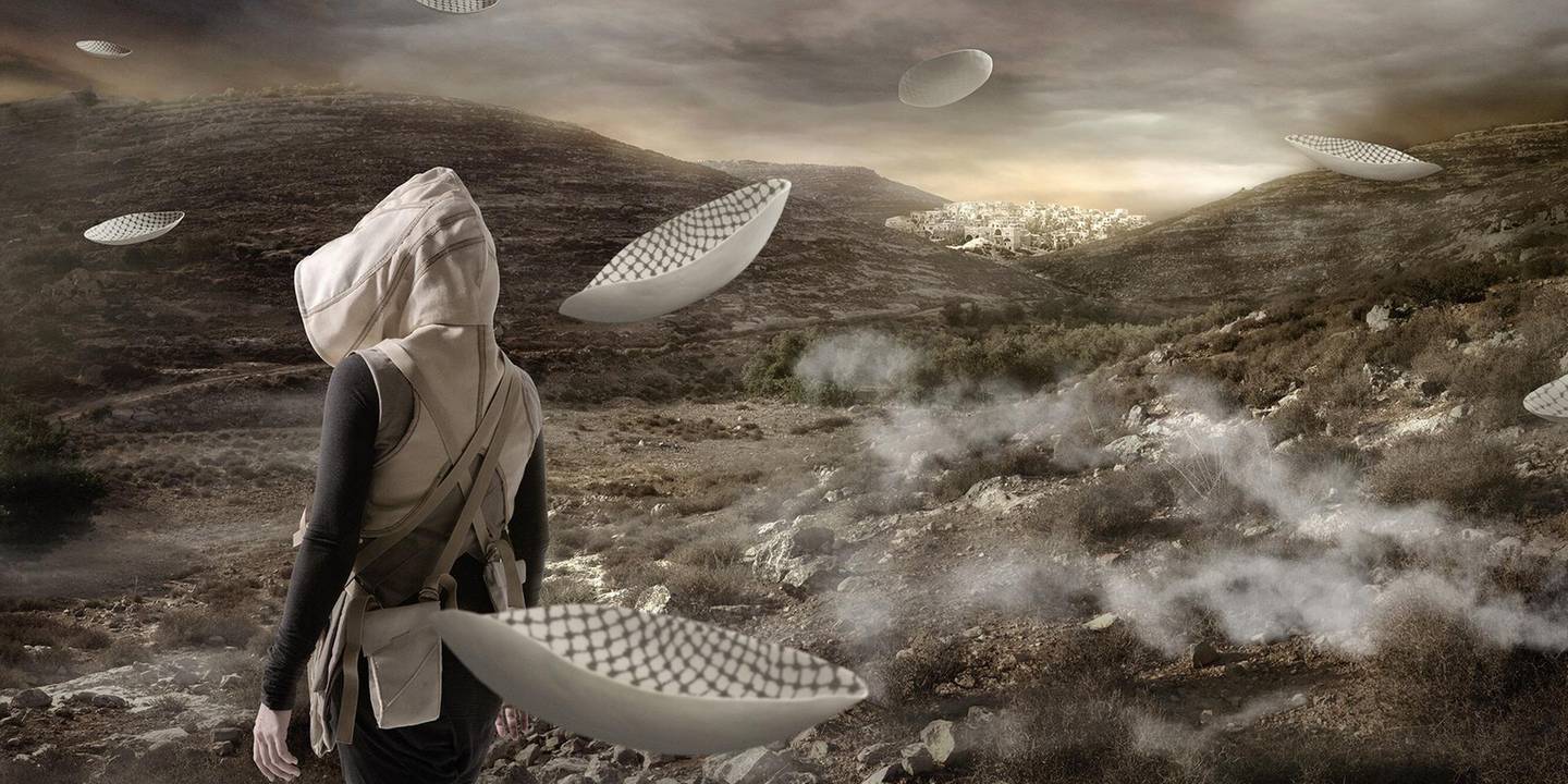 From the film 'In the Future, They Ate From the Finest Porcelain', where the protagonist buries keffiyeh-patterned plates in the hopes that it will be found by archaeologists in the future. Courtesy of the artist and Lawrie Shabibi