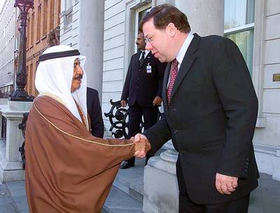 Irish Minister for Foreign Affairs Brian Cowen welcomes Sheikh Khalifa Bin Salman Al-Khalifa, Prime Minister of the Kingdom of Bahrain, on the occasion of his two day official visit to Ireland 02 October 2003. Cowen said he particularly welcomed the decision by Bahrain in the early summer to relax the restrictions on the sales of Irish beef, stating that he hoped that other Gulf States would follow Bahrain.
AFP PHOTO/NEWSFILE/FRAN CAFFREY 

This picture has been sent to you by:
Newsfile Ltd,
3 The View,
Millmount Abbey,
Drogheda,
Co Meath.
Ireland.
Tel: +353-41-9871240
Fax: +353-41-9871260
GSM: +353-86-2500958
ISDN: +353-41-9871010
IP: 193.120.102.198
www.newsfile.ie

email: pictures#newsfile.ie

This picture has been sent by Fran Caffrey
francaffrey#newsfile.ie (Photo by FRAN CAFFREY / NEWSFILE / AFP)