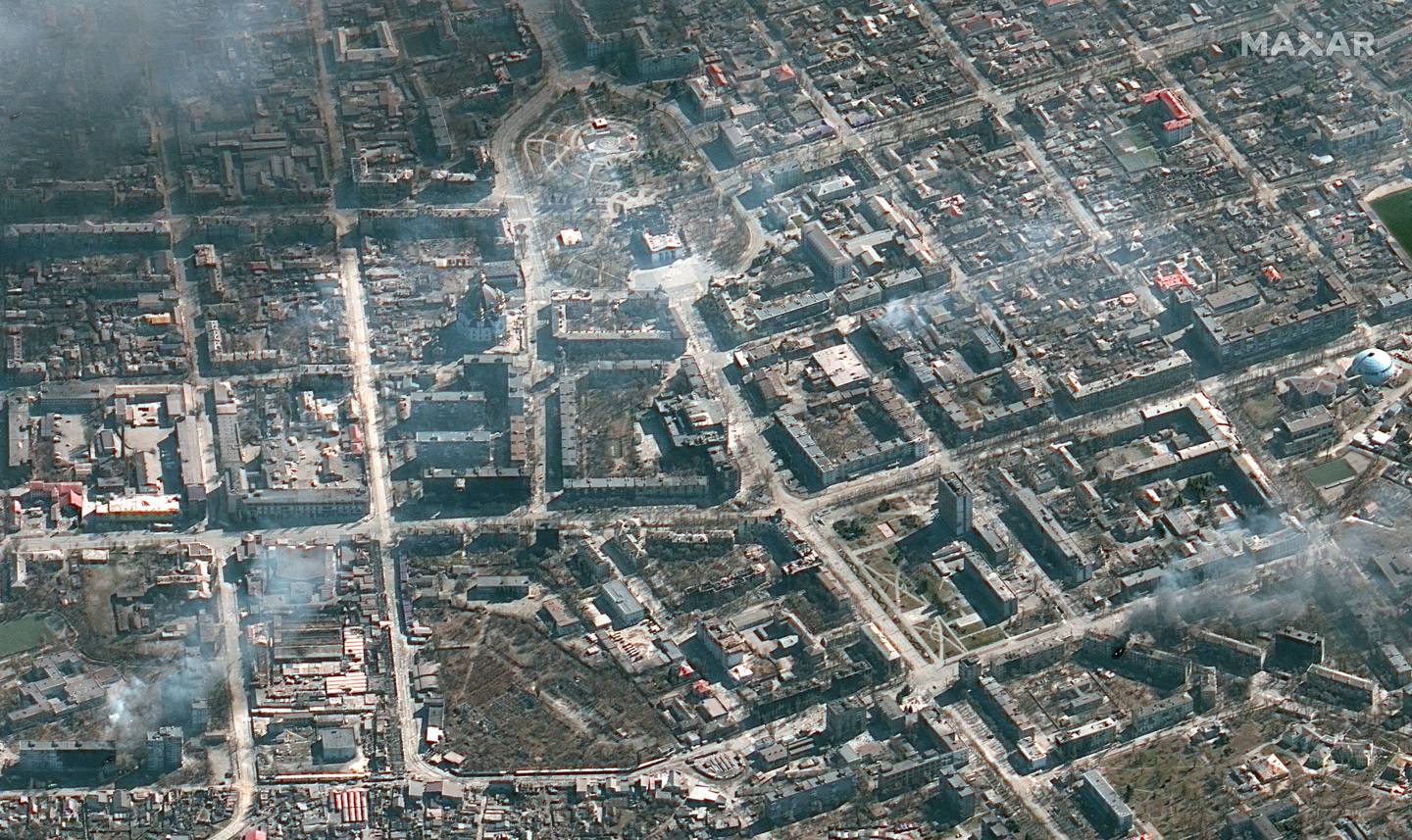 This satellite image shows the damaged Mariupol Drama Theatre, top centre, and the area around it in Mariupol, Ukraine. AP 