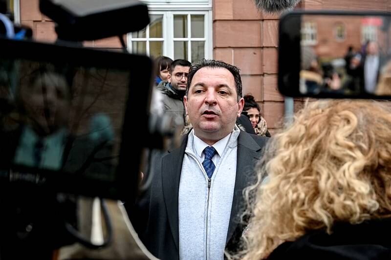 Syrian lawyer Mazen Darwish speaks to the media after the verdict against a former Syrian secret police officer, at the Higher Regional Court in Koblenz, Germany, 13 January 2022. EPA