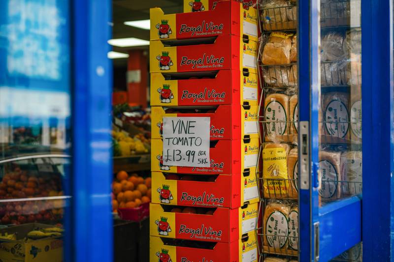 The price for a box of vine tomatoes at a supermarket in Homerton, east London, on March 18. Bloomberg