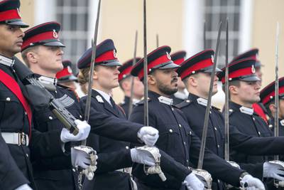 CAMBERLEY, SURREY, UNITED KINGDOM - December 11, 2020: Officer Cadet HH Sheikh Zayed bin Mohamed bin Zayed Al Nahyan (4th R), participates in the the Sovereign’s Parade for Commissioning Course 201 at The Royal Military Academy Sandhurst. 

( Rashed Al Mansoori / Ministry of Presidential Affairs )
---