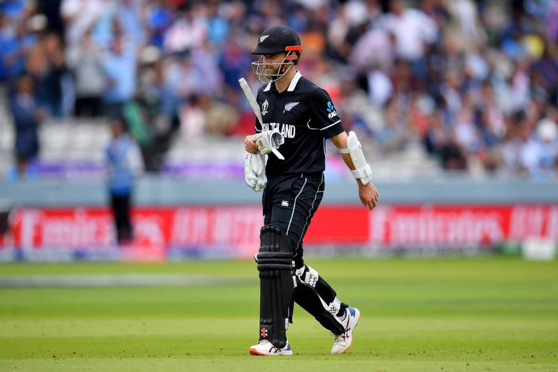 LONDON, ENGLAND - JULY 14: Kane Williamson of New Zealand walks off the field after being dismissed by Liam Plunkett of England during the Final of the ICC Cricket World Cup 2019 between New Zealand and England at Lord's Cricket Ground on July 14, 2019 in London, England. (Photo by Clive Mason/Getty Images)