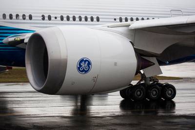 A General Electric GE9X engine is pictured on the Boeing 777X airplane as it taxis for the first flight, which had to be rescheduled. AFP