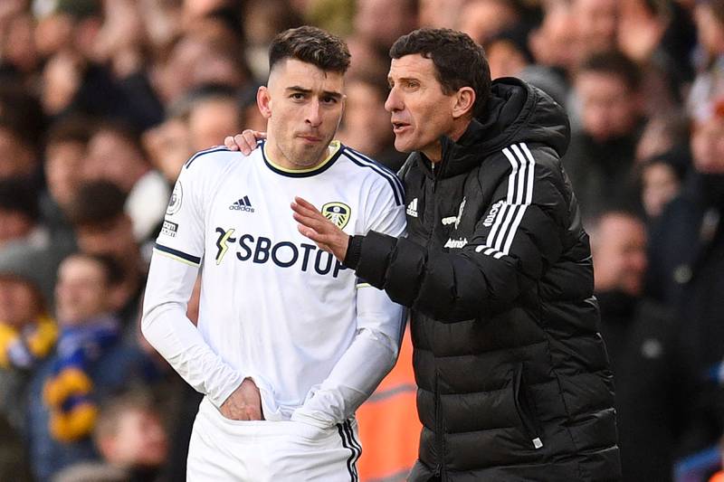 Leeds United manager Javi Gracia talks to Marc Roca during the game against Southampton. AFP  
