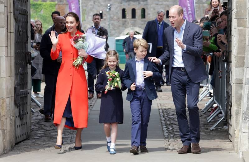 Prince William, Duke of Cambridge, Catherine, Duchess of Cambridge, their children Princess Charlotte and Prince George visit Cardiff Castle, where they will meet performers and crew involved in the celebration concert for Queen Elizabeth II's platinum jubilee. Getty