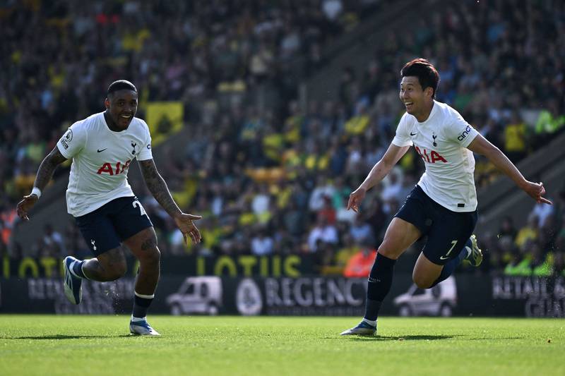 Son Heung-Min celebrates with Steven Bergwijn after scoring for Tottenham against Norwich. AFP