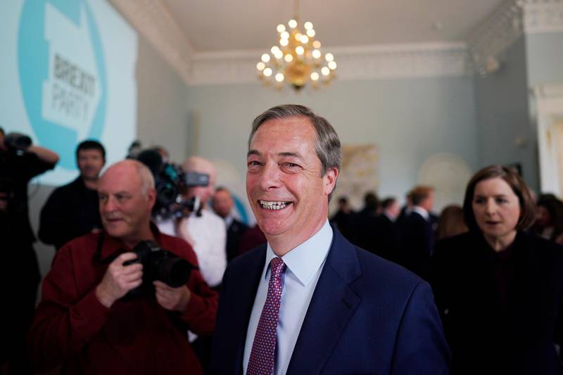 epa07553310 Brexit Party leader Nigel Farage attends a press conference in Central London, Britain, 07 May 2019. The Brexit Party is due to put forward candidates in the upcoming European Elections scheduled for 23 May 2019.  EPA/WILL OLIVER