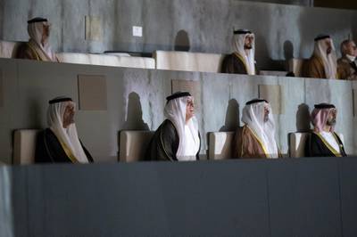 Pictured bottom, left to right, Sheikh Hamad bin Mohammed Al Sharqi, Ruler of Fujairah, Sheikh Saud bin Saqr Al Qasimi, Ruler of Ras Al Khaimah, Sheikh Sultan bin Mohamed Al Qasimi, Crown Prince of Sharjah, and Sheikh Ammar bin Humaid Al Nuaimi, Crown Prince of Ajman.