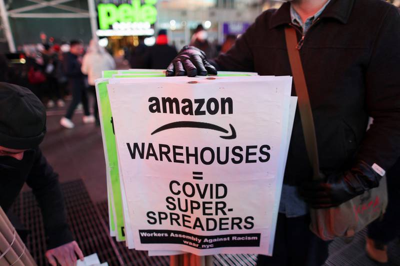 Staten Island Amazon workers protest in Times Square as they demand union rights in New York City. Reuters