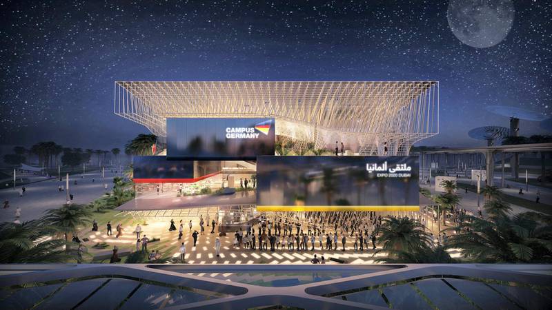 The German Pavilion CAMPUS GERMANY at night: Façade. Courtesy: German Pavilion EXPO 2020 Dubai