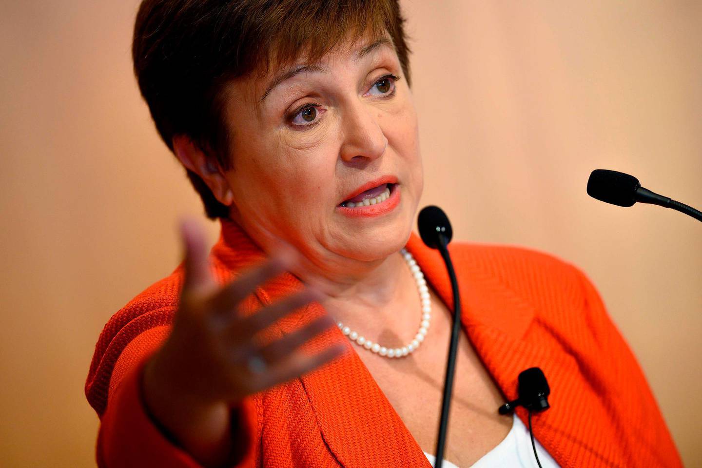 (FILES) In this file photo taken on January 17, 2020, Managing Director of the International Monetary Fund (IMF) Kristalina Georgieva speaks in Washington, DC. The coronavirus pandemic has driven the global economy into a downturn that will require massive funding to help developing nations, Georgieva said on March 27. 2020. / AFP / JIM WATSON
