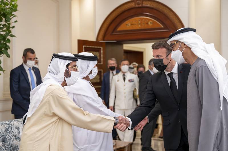 Emmanuel Macron with Sheikh Tahnoon bin Mohamed Al Nahyan, Ruler's Representative in Al Ain Region.