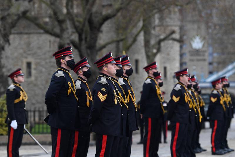 Members of the Honourable Artillery Company in advance of a gun salute to mark the death of Prince Philip, at the Tower of London. AFP