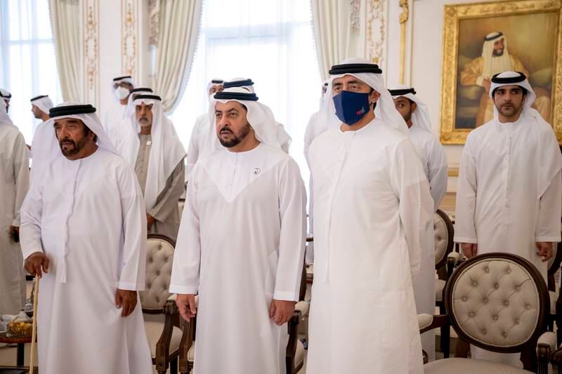 From right, Sheikh Abdullah bin Zayed, Minister of Foreign Affairs and International Co-operation; Sheikh Hamdan bin Zayed, Ruler’s Representative in Al Dhafra Region; and Sheikh Saif bin Mohammed attend a Sea Palace barza.
