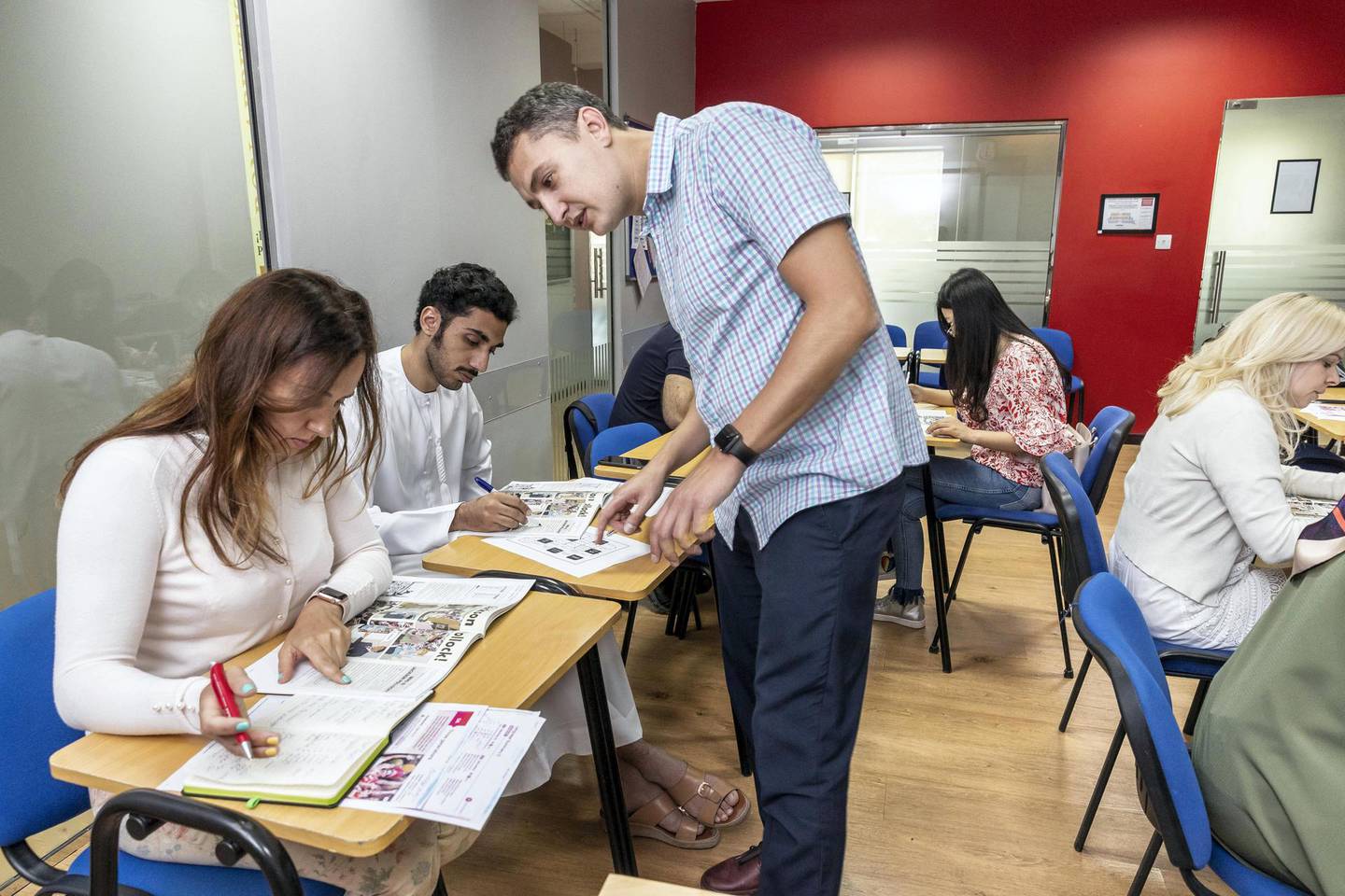 DUBAI, UNITED ARAB EMIRATES. 25 JULY 2018. An A1.2 class being taught at the Eton Institute in Knowledge Village for developing English Lanuage Skills to non nattive speakers in Dubai as a means to better their career possibilities. (Photo: Antonie Robertson/The National) Journalist: Patrick Ryan. Section: National.