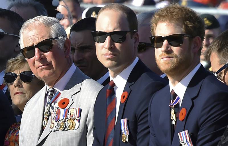 King Charles III (then Prince Charles), Prince William and Prince Harry attend a ceremony marking the 100th anniversary of the Battle of Vimy Ridge, in Vimy, France in 2017. AP