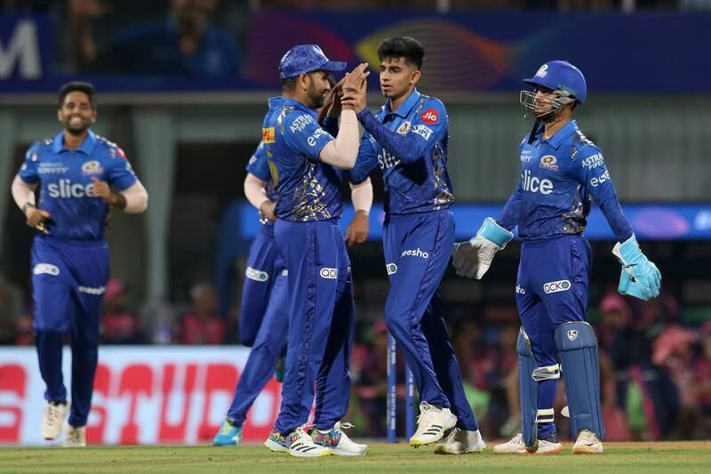 Hrithik Shokeen celebrates after taking the wicket of Devdutt Padikkal during the Mumbai Indians' IPL victory over Rajasthan Royals. Sportzpics for IPL