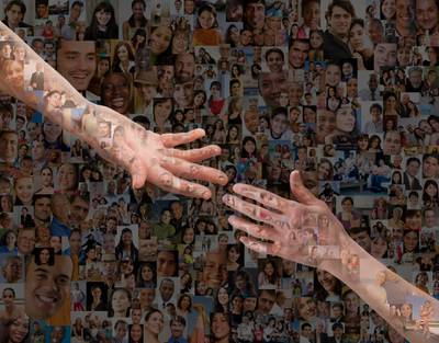 Montage of hands reaching out against images of people. Getty Images