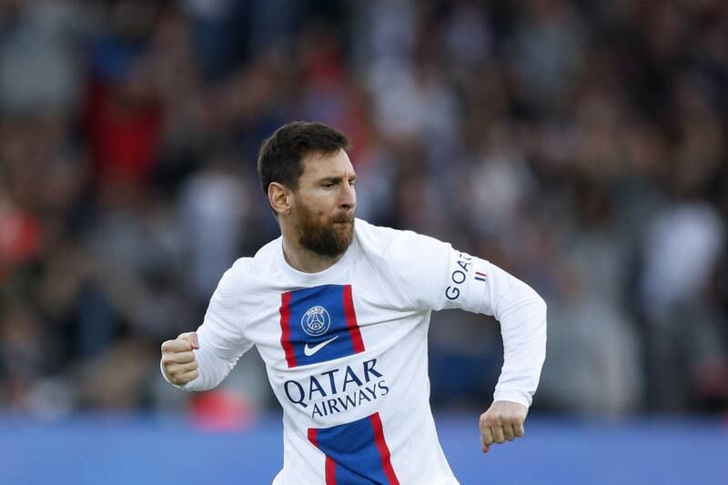 Paris Saint Germain's Lionel Messi celebrates scoring the second goal in the 4-3 Ligue 1 win against Troyes in Paris on October 29, 2022. EPA
