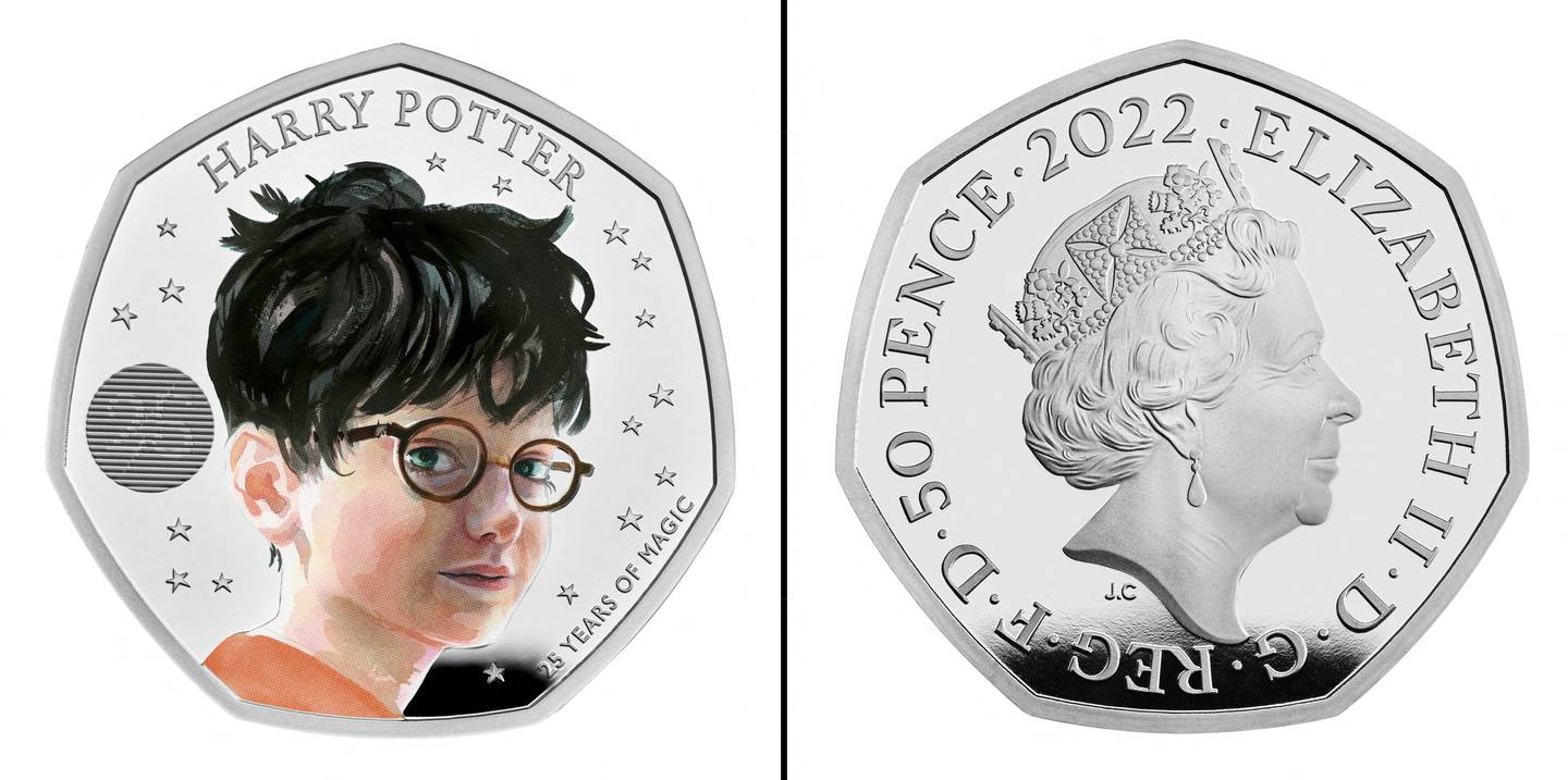 Both sides of an official 50p coin with artwork designed by Ffion Gwillim featuring Harry Potter and Britain's late Queen Elizabeth. AFP
