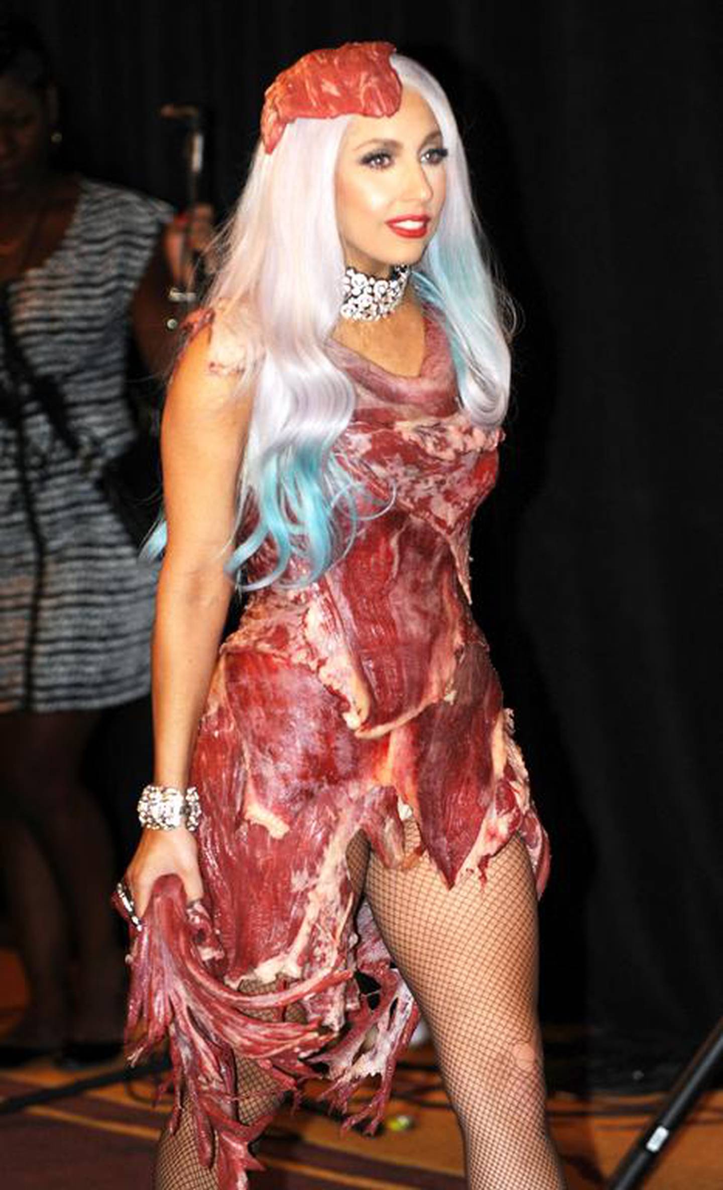 Lady Gaga wears her controversial meat dress in 2010. AFP