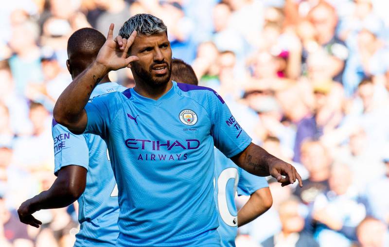 Manchester City's Sergio Aguero celebrates scoring to make it 2-0. EPA