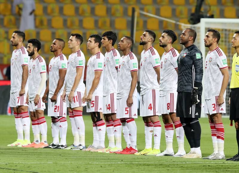 The UAE team line up before the game at the Zabeel Stadium in Dubai. Chris Whiteoak / The National