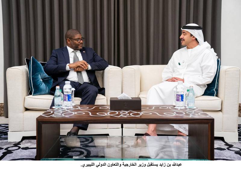 Sheikh Abdullah bin Zayed meets with Liberia's Minister of Foreign Affairs, Gbehzohngar Milton, in Abu Dhabi on Tuesday