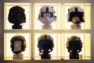 Military helmets on display at the Farnborough Airshow in 2014.