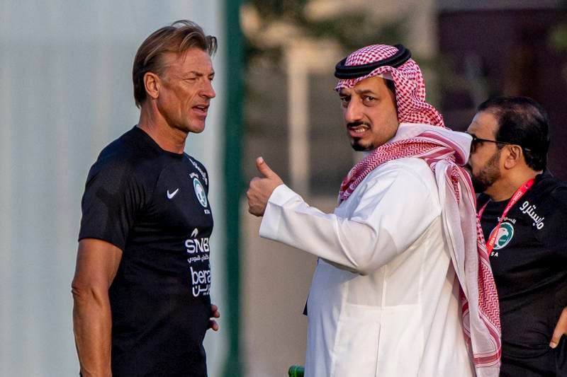 Yasser Al Misehal, right, president of the Saudi Arabian Football Federation, with national team coach Herve Renard during a training session ahead of the 2022 Fifa World Cup in Qatar. EPA