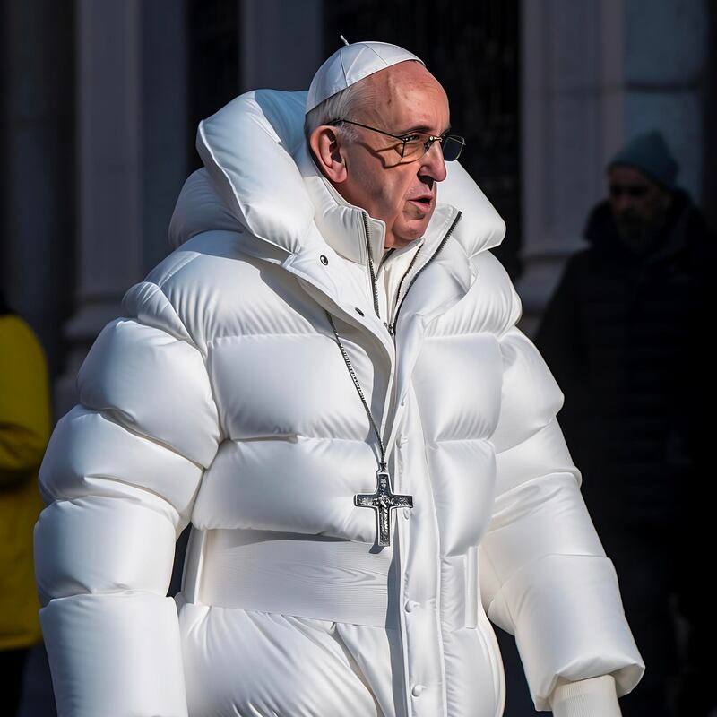A deep fake image of Pope Francis in a white puffer jacket. Photo: Twitter