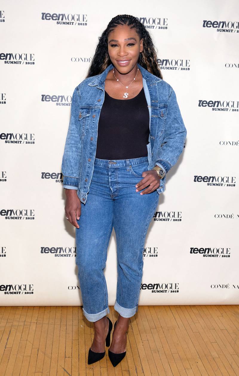 Serena Williams, in jeans and a denim jacket, attends the Teen Vogue Summit at 72andSunny on December 1, 2018 in Los Angeles, California. AFP