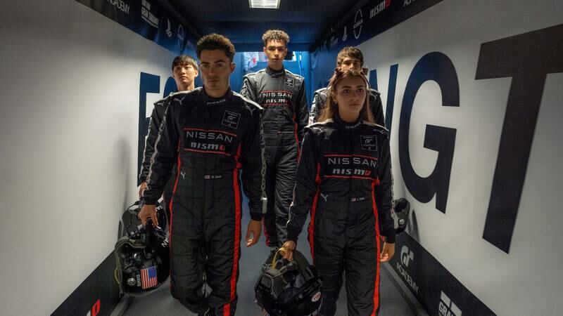 From left, Sang Heon Lee, Darren Barnet, Archie Madekwe, Emelia Hartford and Pepe Barroso in Gran Turismo. Photo: Sony Pictures