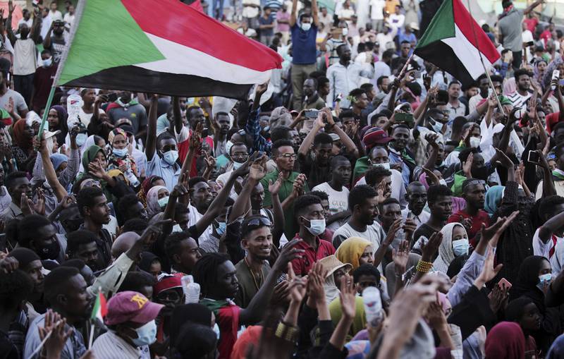 People chant slogans during a protest in Khartoum, Sudan, on Saturday, October 30, 2021. AP