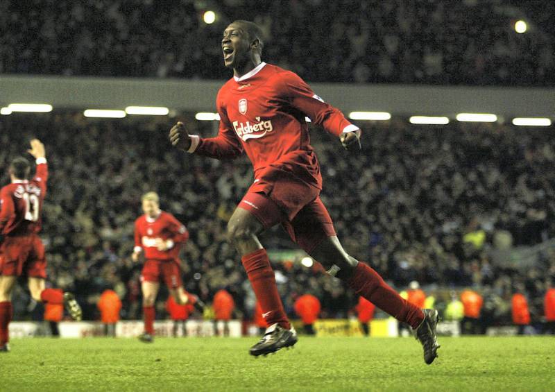 LIVERPOOL - JANUARY 29:  Emile Heskey of Liverpool celebrates after scoring the equalising goal during the Liverpool v Arsenal FA Barclaycard Premiership match at Anfield on January 29, 2003 in Liverpool, England. (Photo by Gary M. Prior/Getty Images)