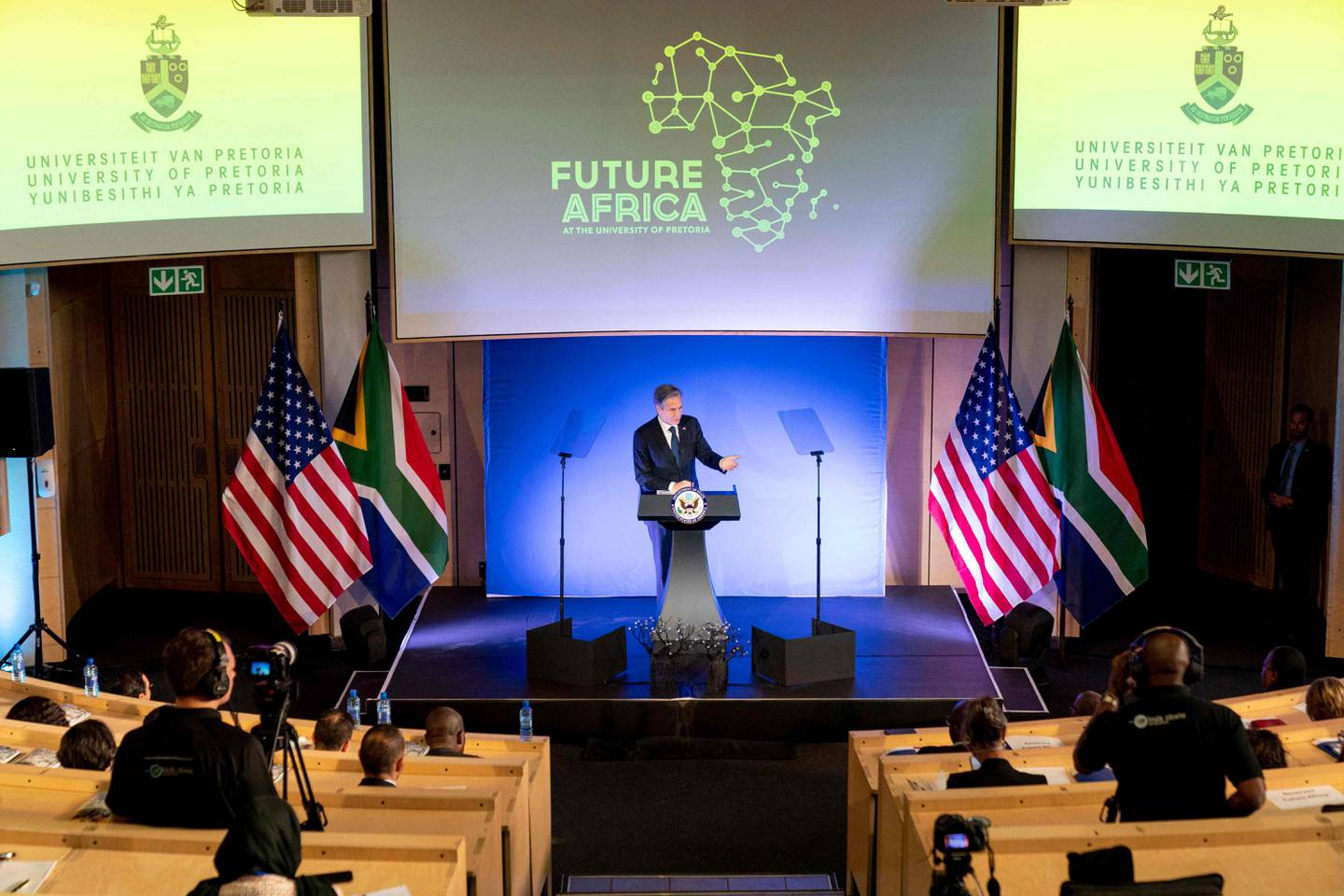 US Secretary of State Antony Blinken delivers a speech on the US-Africa Strategy at the University of Pretoria's Future Africa Campus in Pretoria, on Monday. AFP