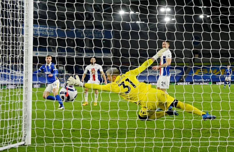 Brighton's Joel Veltman scores against Crystal Palace. Reuters
