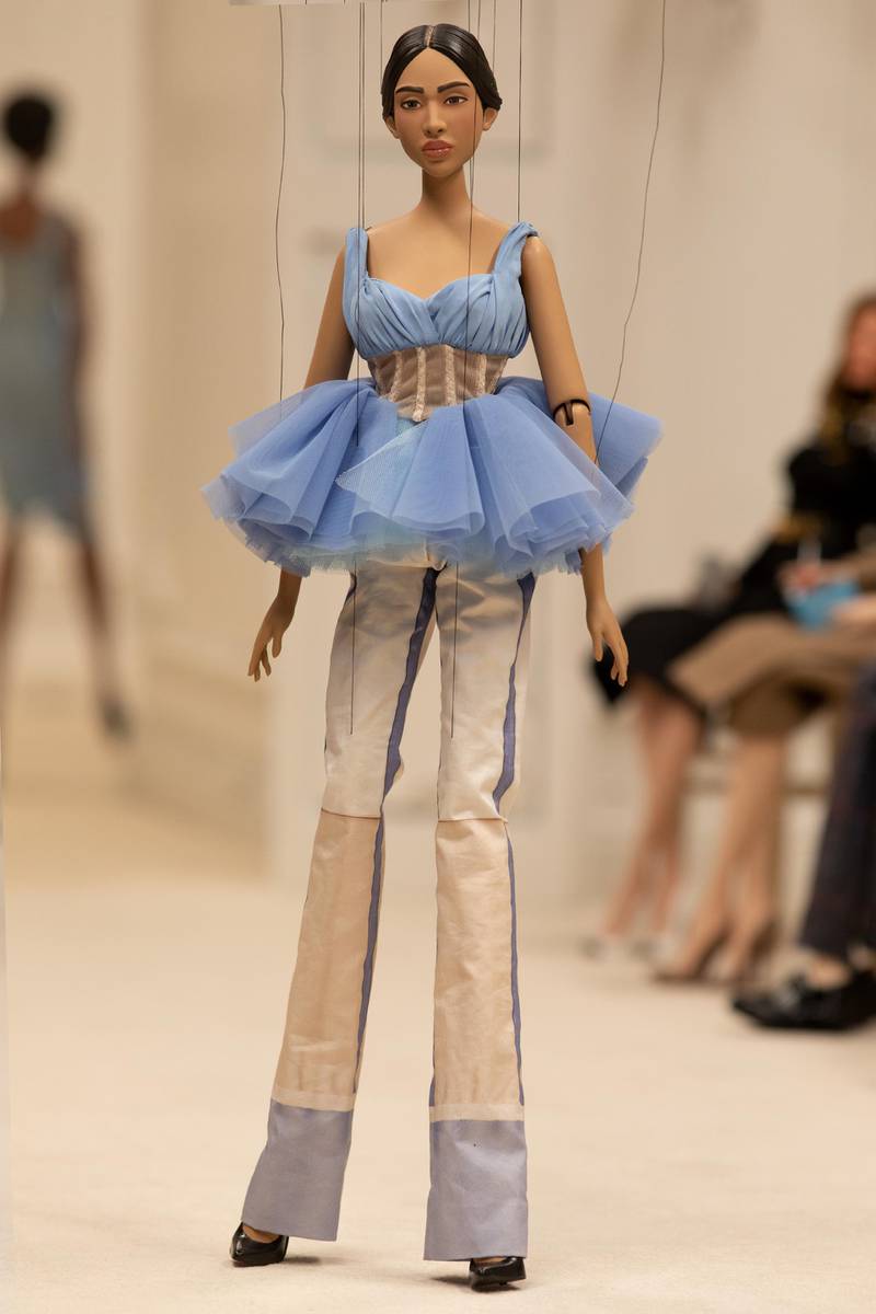 A look from Moschino’s spring/summer 2021 womenswear collection, which was presented as a short film, with marionettes by Jim Henson’s Creature Shop modelling scaled down versions of the clothes. Courtesy Moschino