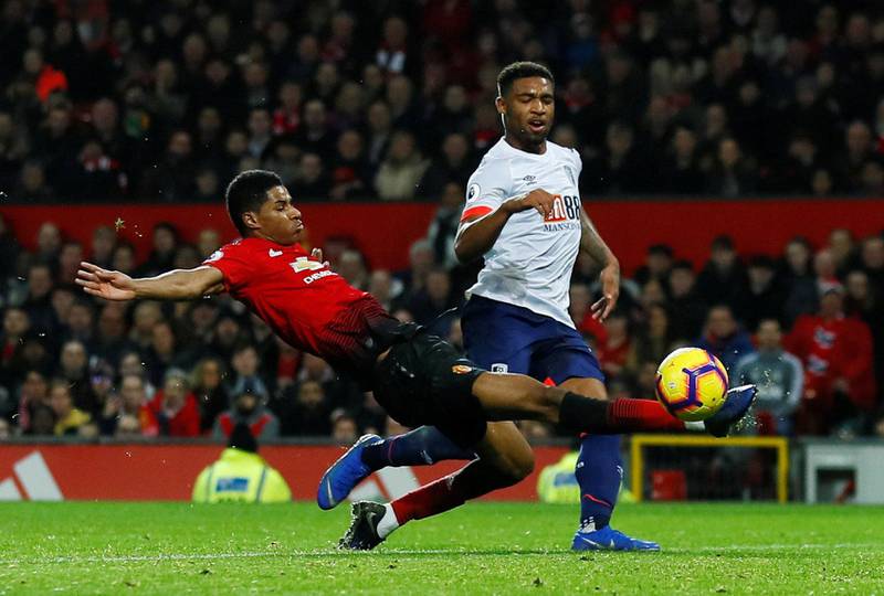 Manchester United striker Marcus Rashford, left, in action against Bournemouth's Jordon Ibe at Old Trafford on Sunday. Reuters