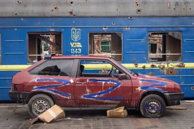 A car marked with the English letter 'Z' is found destroyed at the central Ukrainian train station that was used as a Russian base in Trostyanets. Ukrainian forces said they had retaken the north-eastern town from the Russians. Getty Images