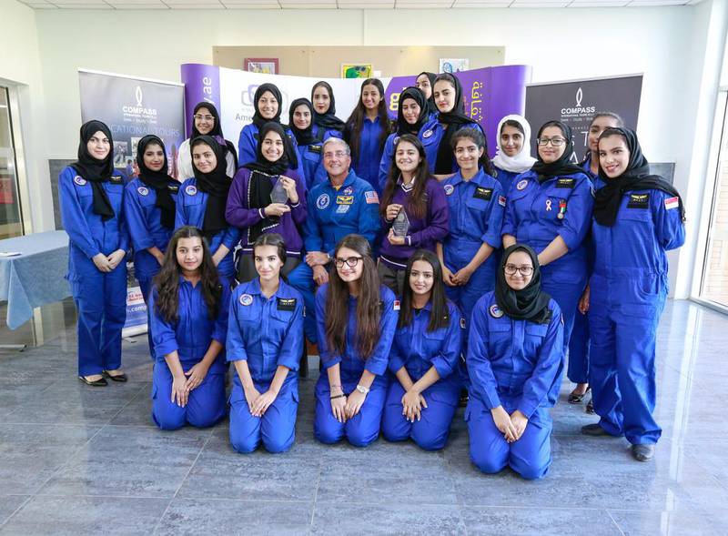 Pupils from Al Mizhar American Academy on a four-day training course with Nasa’s Dr Donald Thomas at the Space Academy Singapore, in October 2015. Victor Besa for The National