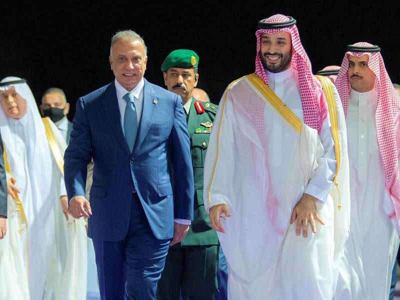 Saudi Crown Prince Mohammed bin Salman receives Iraqi Prime Minister Mustafa Al Kadhimi  in Jeddah, Saudi Arabia. SPA