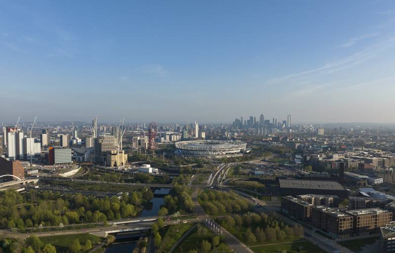 An aerial view of Queen Elizabeth Olympic Park in 2022.