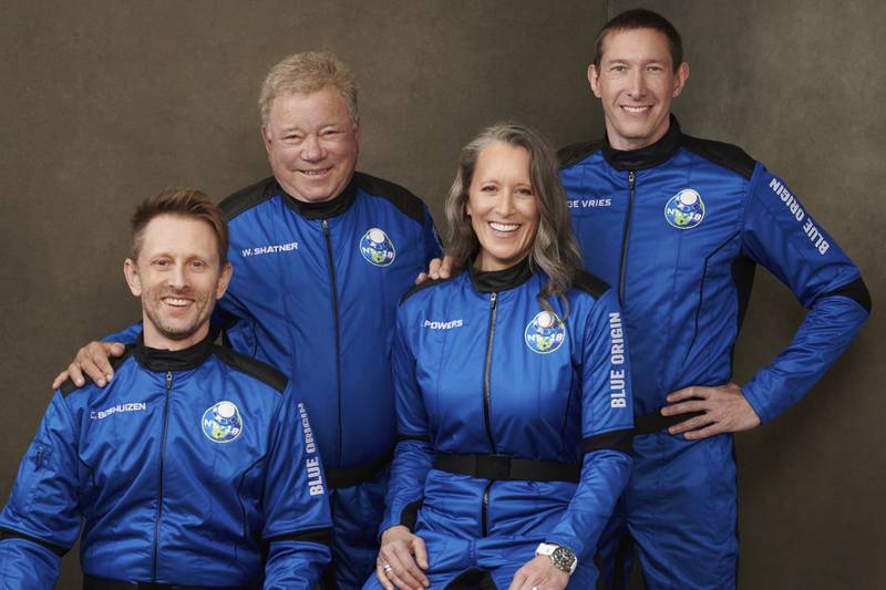 From left: Chris Boshuizen, William Shatner, Audrey Powers and Glen de Vries. Their launch is Blue Origin’s second passenger flight, using the same capsule and rocket that Jeff Bezos used for his own trip in July 2021. AP