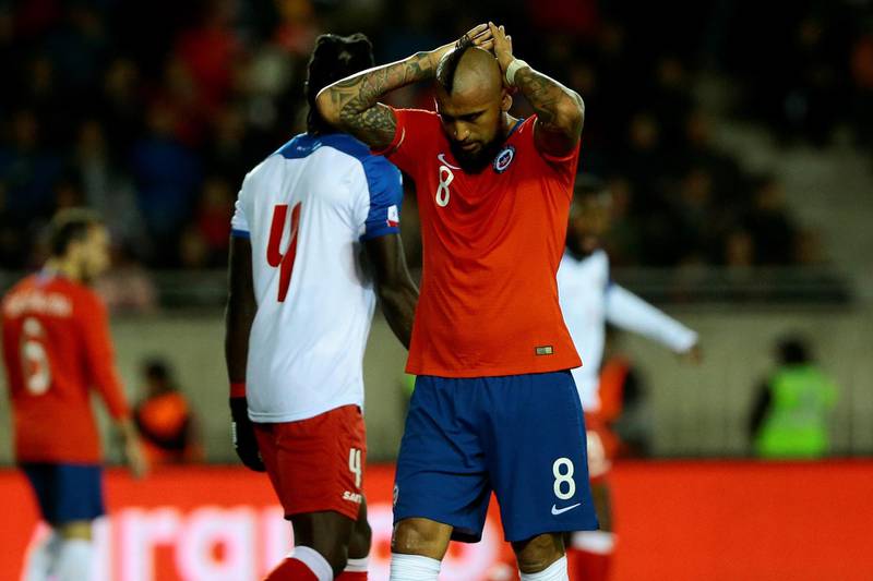 Arturo Vidal of Chile reacts during the friendly match against Haiti at La Portada Stadium in La Serena, Chile, on June 6, 2019, ahead of the upcoming 2019 Copa America in Brazil. EPA.
