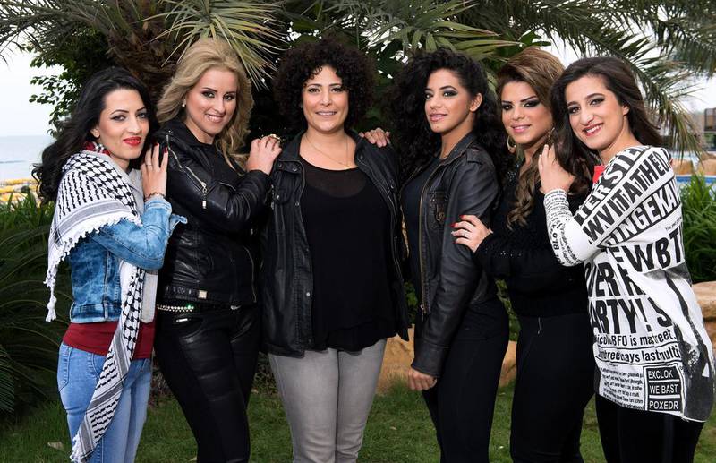 Members of the all-woman rally-racing team, from left, Mona Enab, Maysoon Jayyusi, the director Amber Fares, and the drivers Noor Daoud, Betty Saadeh and Marah Zahalka. Ian Gavan/Getty Images for DFI