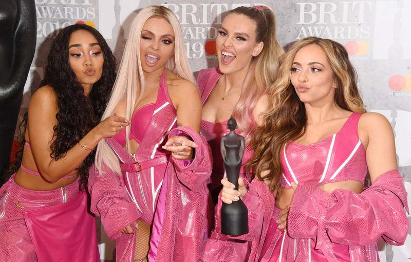 LONDON, ENGLAND - FEBRUARY 20: (EDITORIAL USE ONLY) Perrie Edwards, Jesy Nelson, Jade Thirlwall and Leigh-Anne Pinnock of 'Little Mix' in the winners room during The BRIT Awards 2019 held at The O2 Arena on February 20, 2019 in London, England. (Photo by Stuart C. Wilson/Getty Images)
