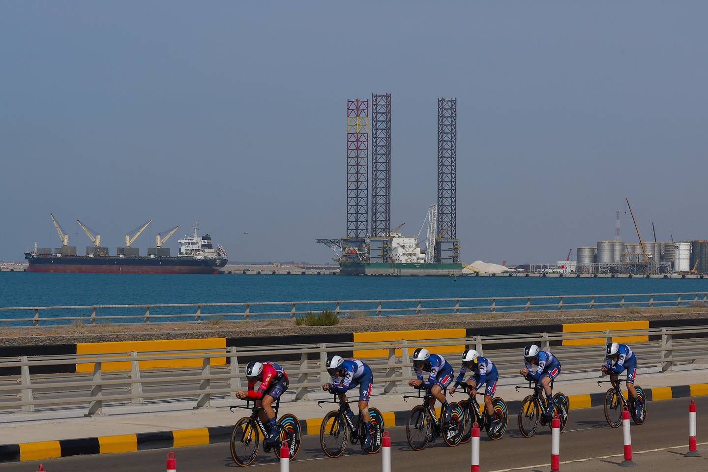 Riders during stage two of the UAE Tour 2023 at Khalifa Port. Photo: Sprint Cycling Agency