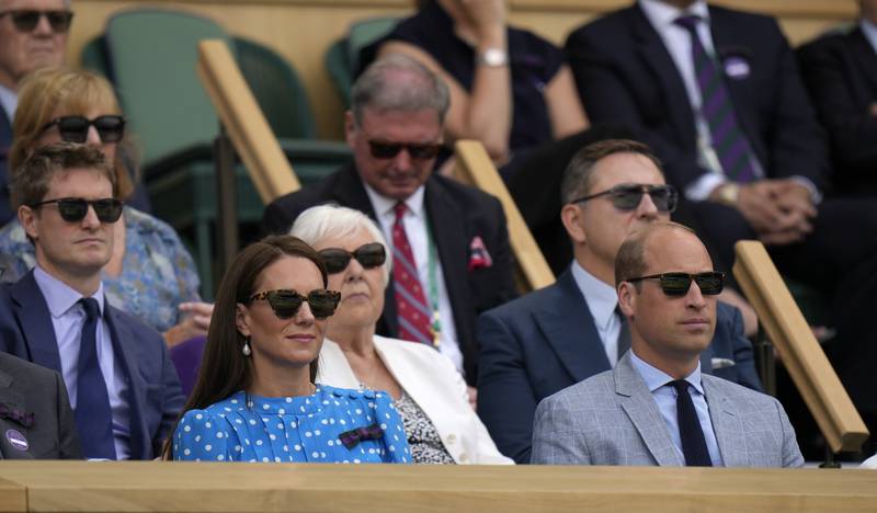 Prince William and Kate, Duchess of Cambridge sit in the Royal box on Centre Court to watch the quarterfinal match between Novak Djokovic and Jannik Sinner. AP